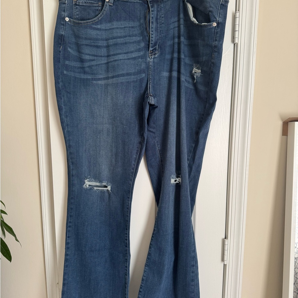 Fashion Nova Dark Blue Distressed Flare Jeans